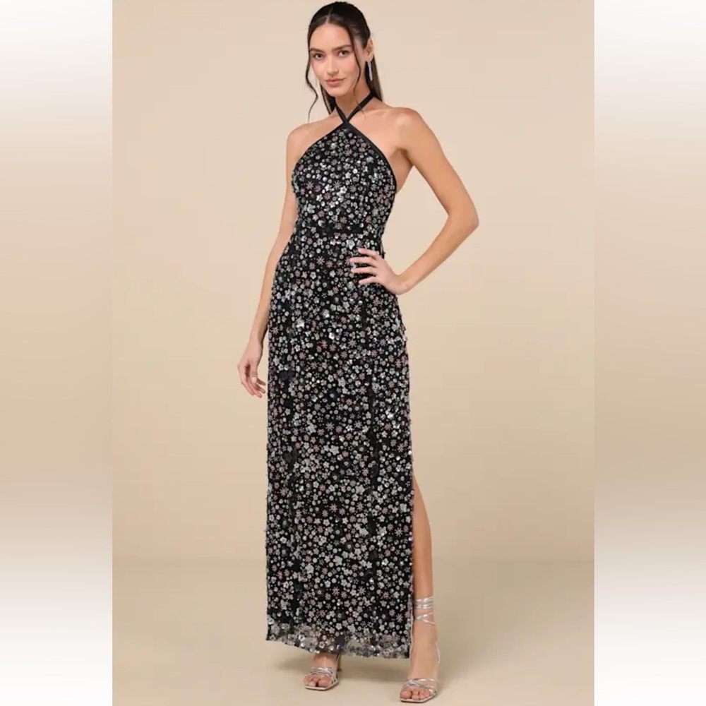 NWT Edalene Black Mesh Sequin Beaded Halter Maxi Dress